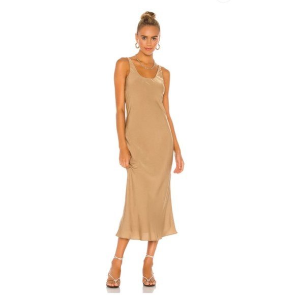 Line & Dot Dresses & Skirts - NWT Line & Dot Ariel Scoop Neck Sleeveless Midi Satin Slip Dress Camel Tan